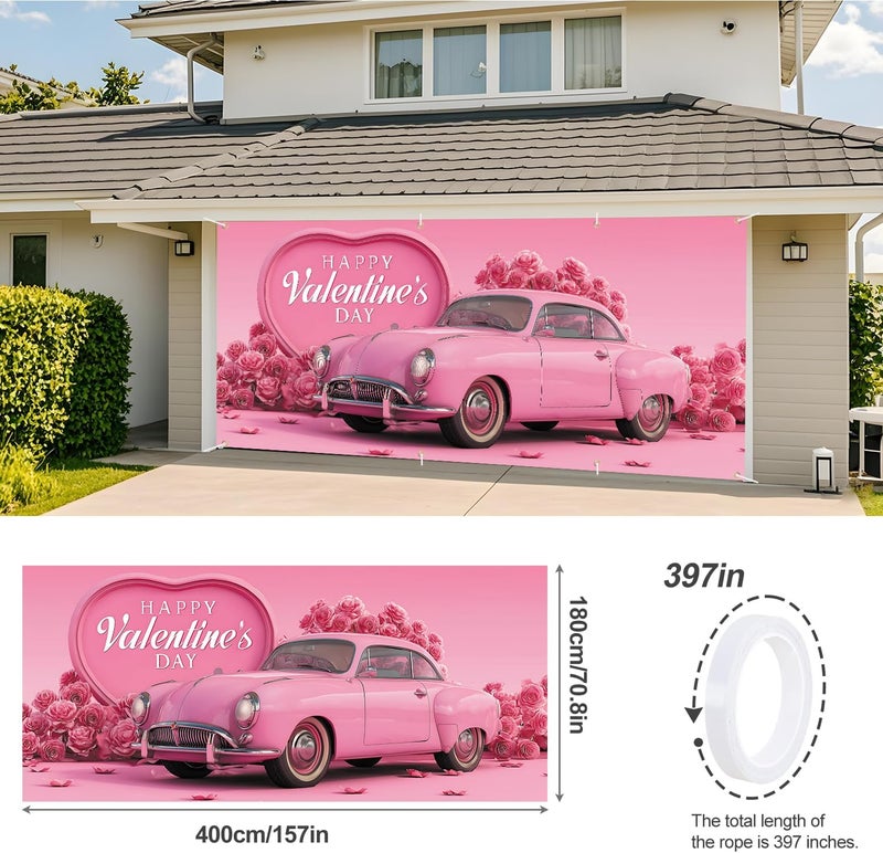 ANNA QUEEN Valentine’s Day Garage Door Banner 6x13FT, Pink Vintage Car and Rose Heart Garage Door Cover, Romantic Outdoor Decoration for Garage Doors, Yard & Love Theme Party Backdrop - Image 3